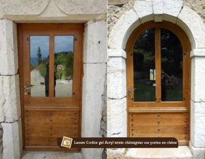 Lasure Corilor Gel Acryl teinte chataignier sur portes en chene